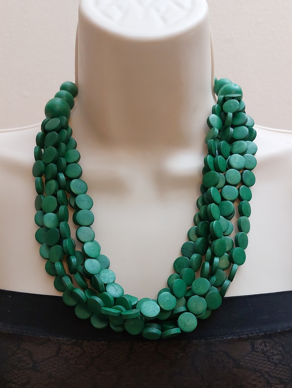 Vintage 1946 Multilayered Green Wooden Disc Beads Necklace